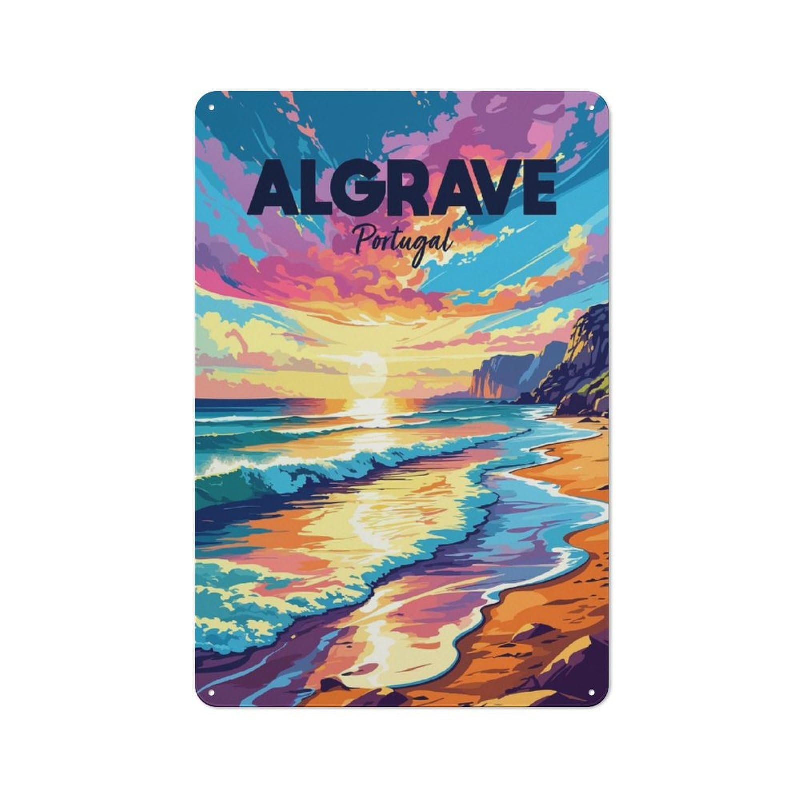 Junmoney Style Garage Decorative Metal Plaque 30X20cm Featuring Algarve Portugal Beach Sunset Art, Garage Wall Decor For Garage, Workshop, Shed Or Utility Room