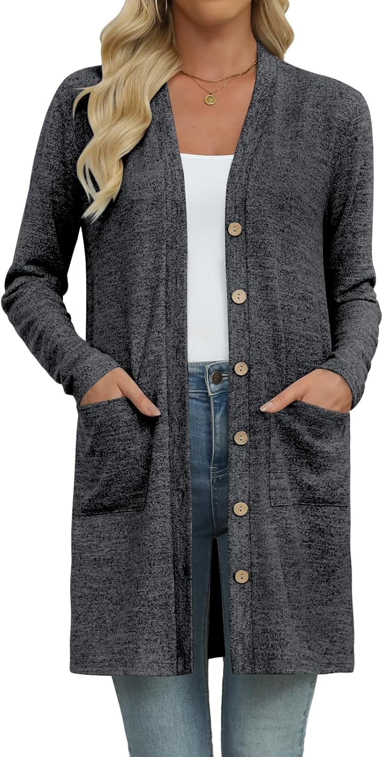 Womens Lightweight Long Sleeve Cardigan Open Front V Neck Casual Cardigans with Pockets - Image 2