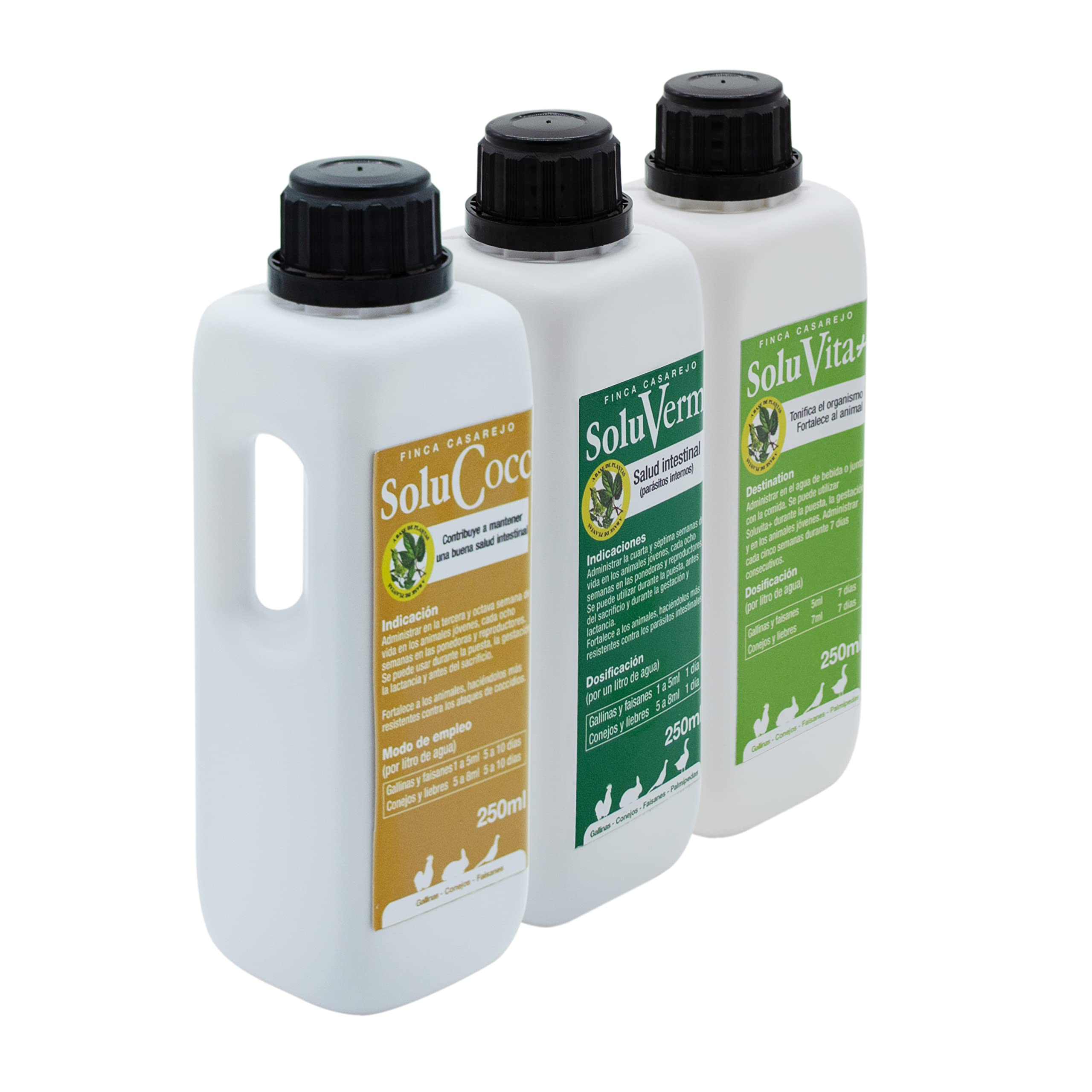 FINCA CASAREJO Pack de Productos para Desparasitar Aves Internamente - Previene los Coccidios y los Vermes en Gallinas, Faisanes, Conejos - Vitaminas Naturales para Animales - 250 ML por Producto