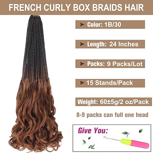 Miniatura 2 de COOKOO 9 unidades de 135 hebras de trenzas de ganchillo rizadas francesas de 24 pulgadas, color marrón degradado, trenzas de caja con extremos