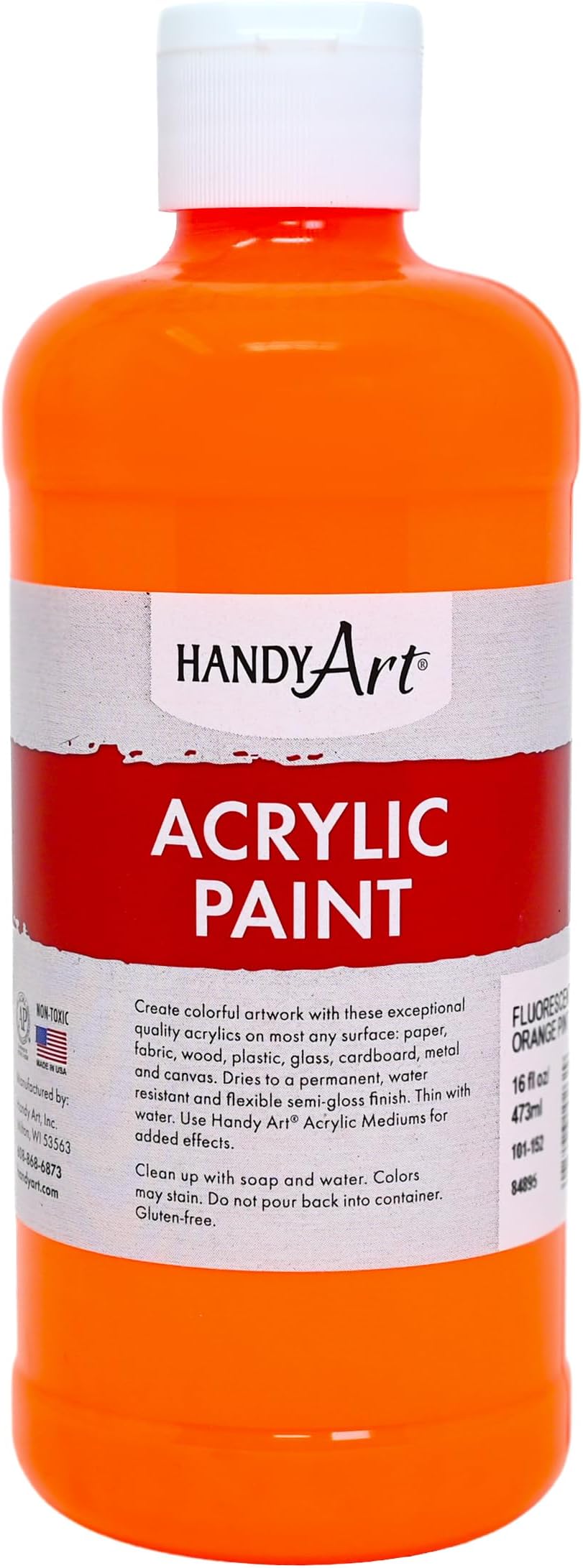 Handy Art Acrylic Paint, Fluorescent Orange, 16 oz Bottle, Glow UV Neon Under Black Light, Semi-Gloss Student Fluid Acrylic, Creamy Flow Consistency, Safe & Non-Toxic, Made in USA