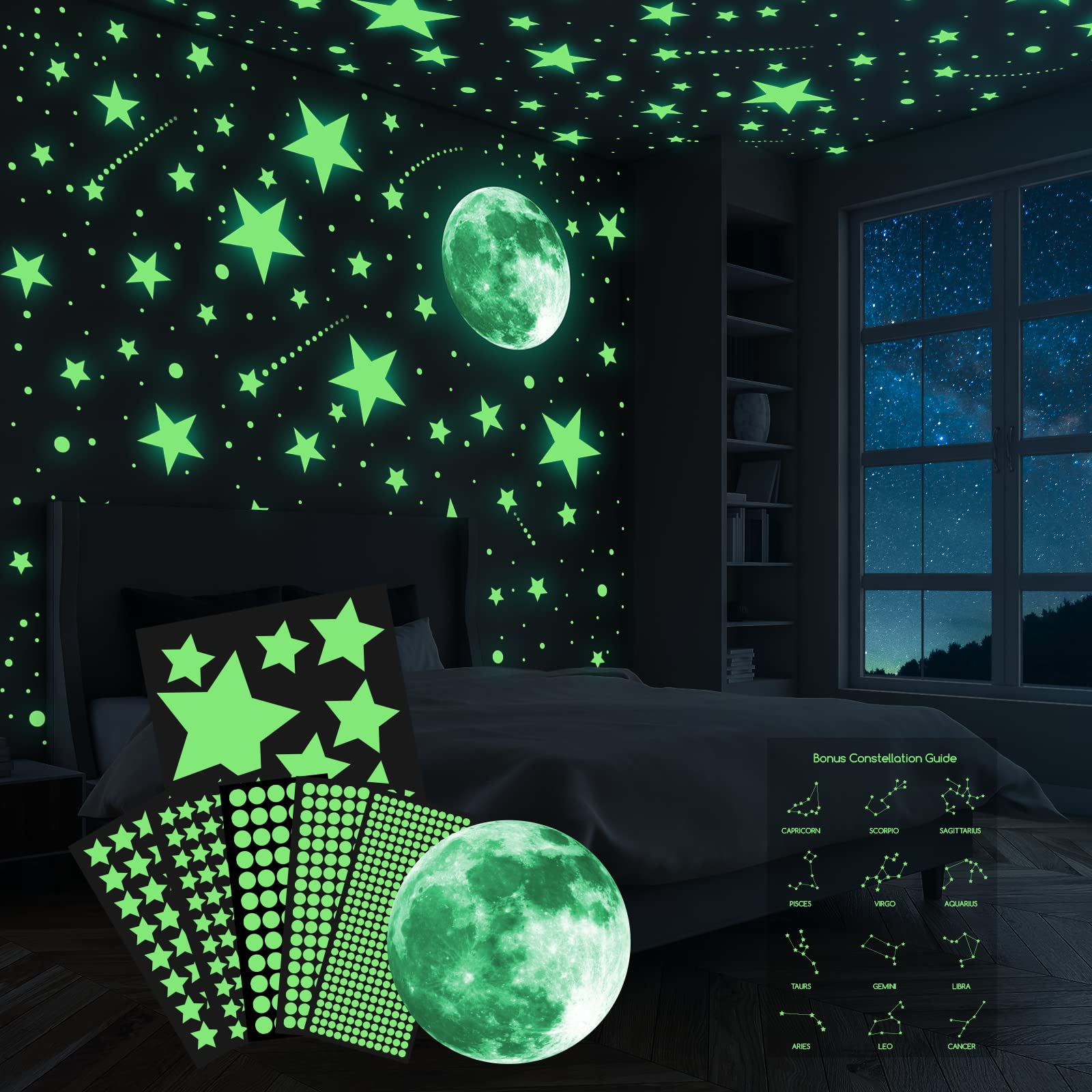 Glow In The Dark Naklejki Ścienne, 637 sztuk Luminous Kropki Gwiazdy i Księżyc DIY Naklejki ścienne do sufitu lub ścian, Luminous Naklejki samoprzylepne dla dzieci Sypialnia Dekoracji