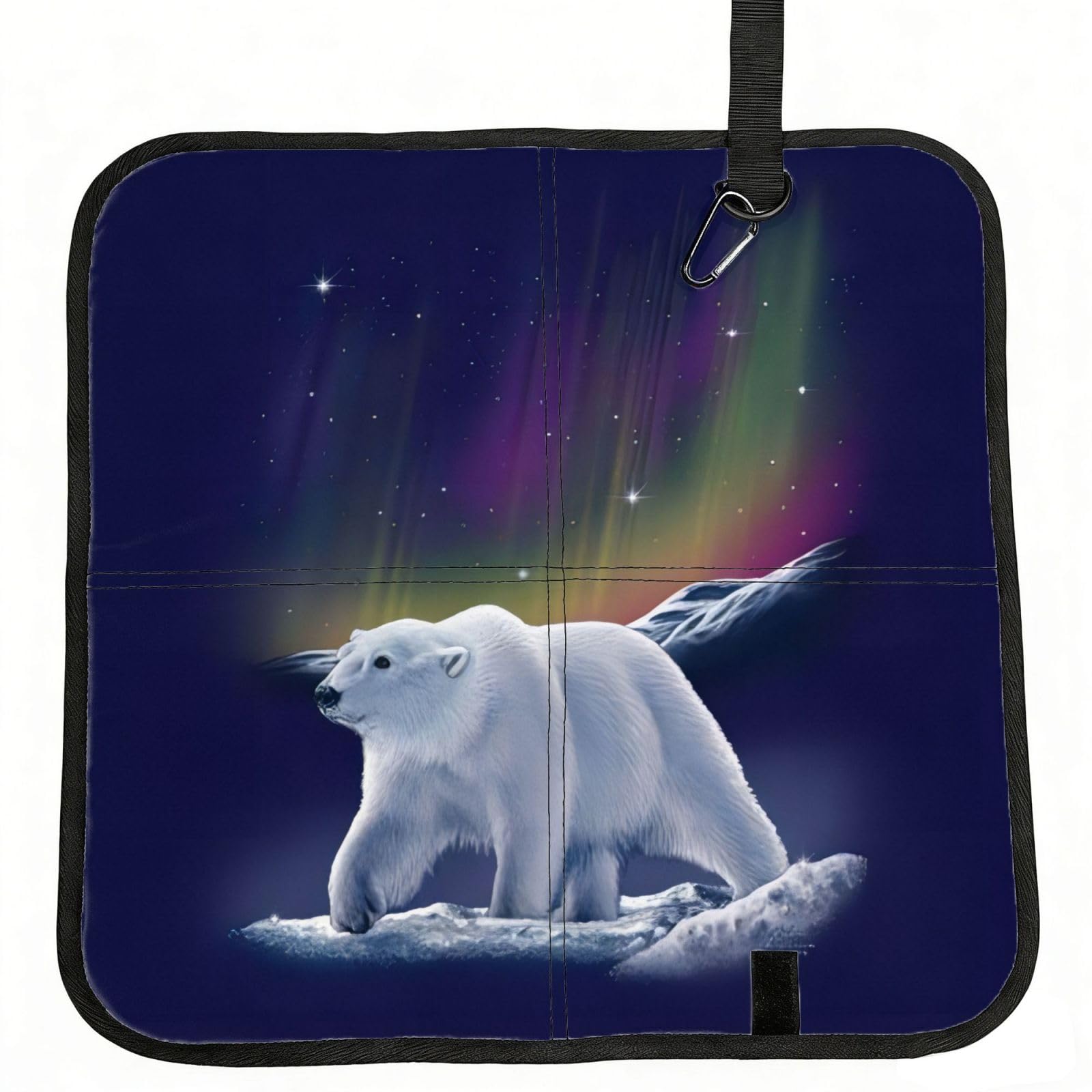 WBQLSL Northern Lights Polar Bear Foldable Seat Cushion - Portable Stadium Pad with Carabiner for Camping Hiking Picnic Beach