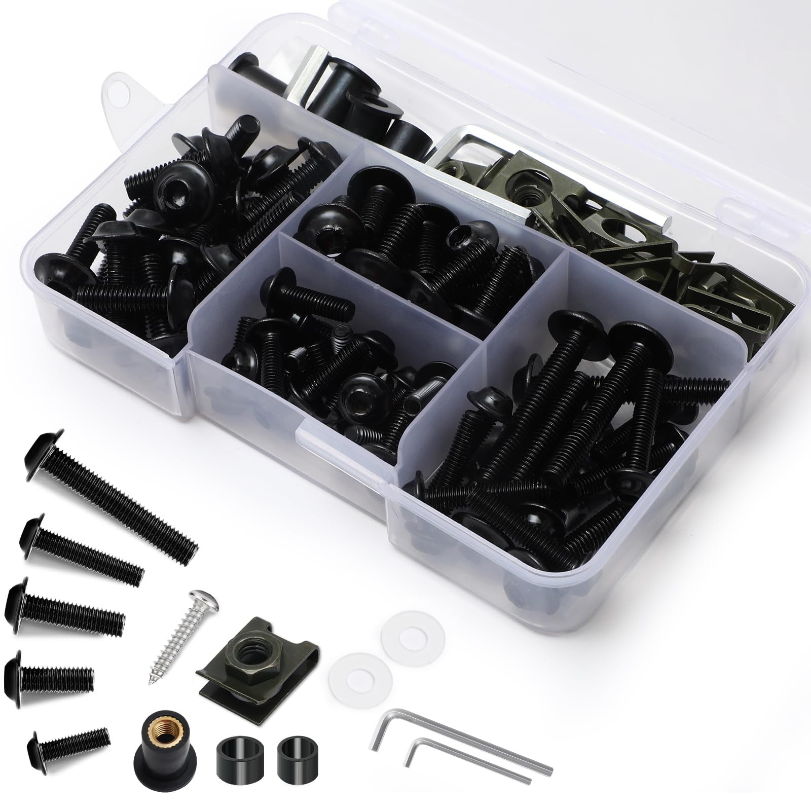 177Pcs Motorcycle Fairing Bolt Kit, M5 M6 Stainless Steel 304, Black | Windscreen Screws, Fastener Clips, High Strength, Universal Fit for Sportbike Kawasaki Suzuki Honda Yamaha BMW Ducati GSXR