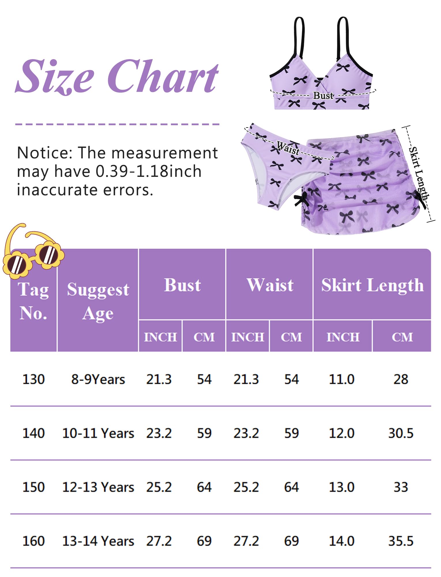Happy Cherry Set bikini da bambina, 3 pezzi, costume da bagno con stampa con fiocco, gonna e spalline regolabili, costume da bagno per adolescenti e ragazzi da 8 a 14 anni