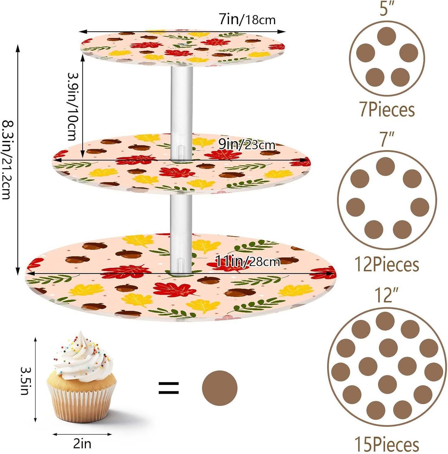 Hazelnut Leaves Maple Leaves Thanksgiving 3 Tier Acrylic Cupcake Stand, Cupcake Stand for 34 Cupcakes for Weddings, Christmas,Holidays,Parties,Birthday,Printed Cupcake Tower 23300306