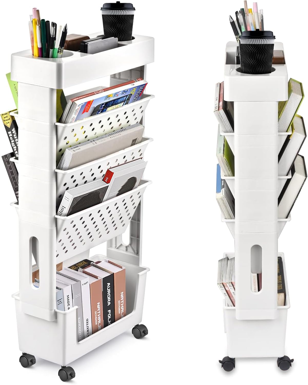 5 Tier Mobile Skinny Bookshelf Rolling File Cart，Movable