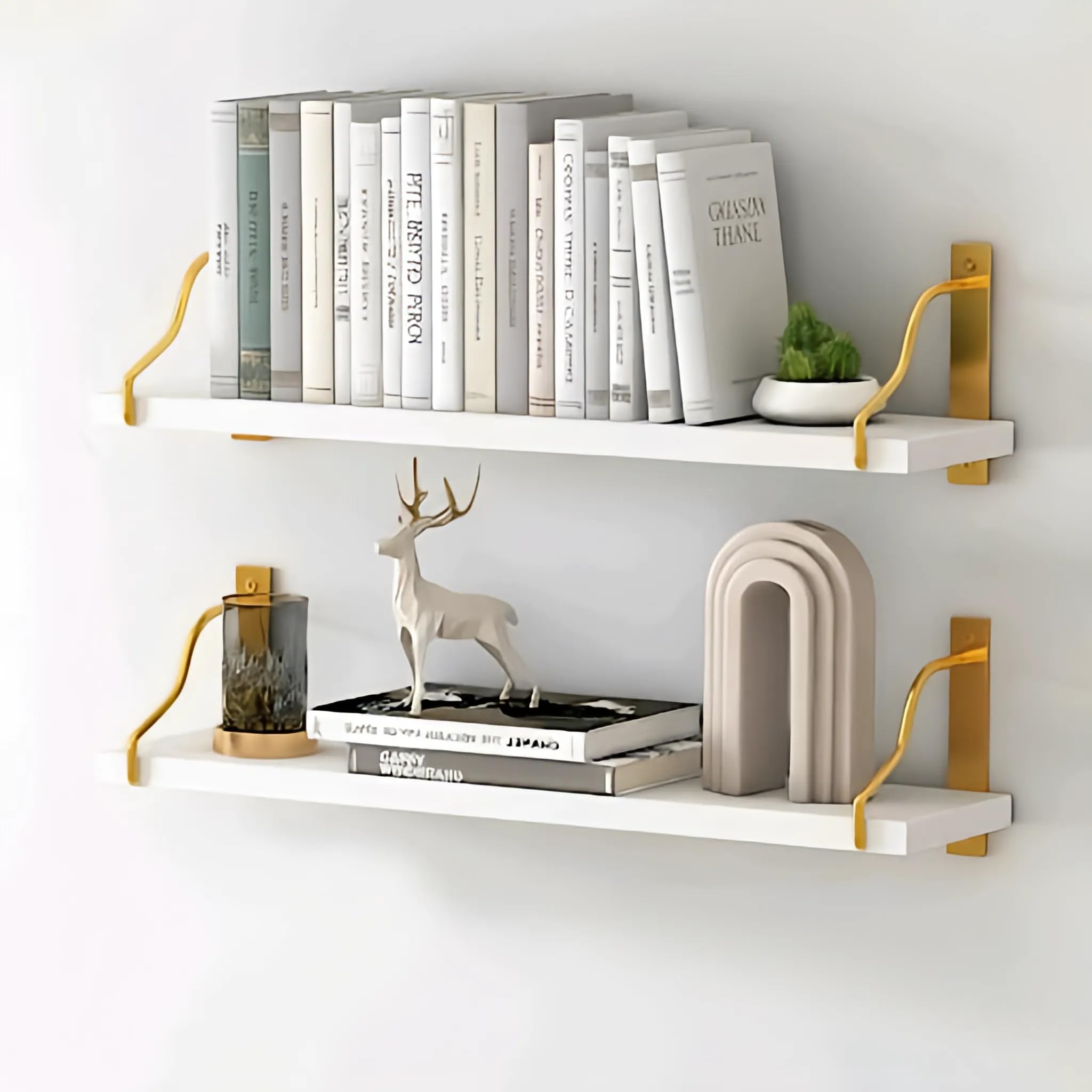OXMIC Floating Wall Shelves with Metal Brackets, Wall Mounted Shelves, Wall Shelf, Wall Shelf for Bedroom, Book Shelf for Wall, 20 x 5.5 x 6 inch, Set of 2 (White - Golden)