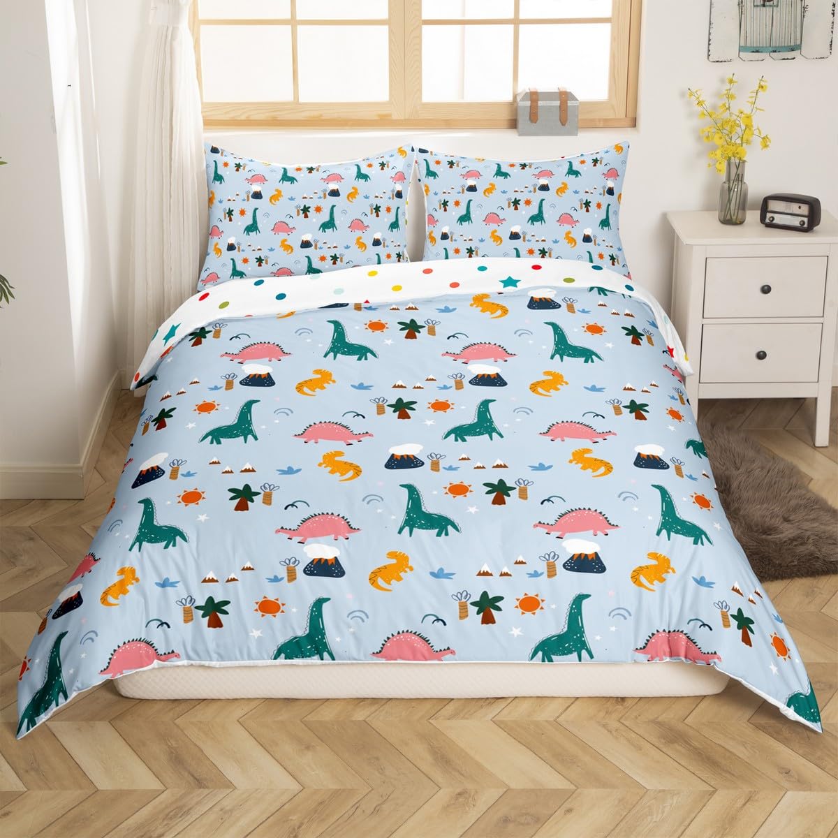 Loussiesd Dinosaur Duvet Cover King Blue Children'S Dinosaur Bed Set With 2 Pillowcases, Cute Animal Printed Bedding Set, Youth Decoration 3-Piece Set