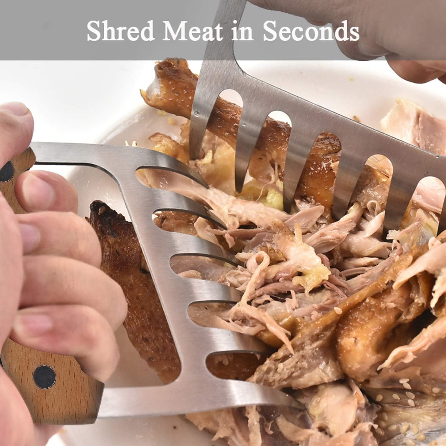 CDBOVID Meat Shredder Claws - Stainless Steel Bear Claws Pulled Pork Meat Shredder Shredding Forks BBQ Claws, Not Easy to Corrode, High Temperature Resistance, Wooden Handle, 2 Pcs