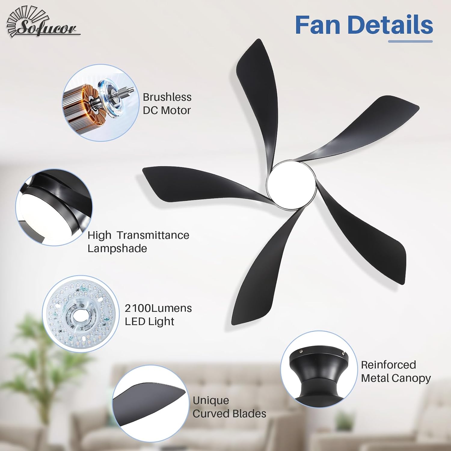  42 Inch Low Profile Ceiling Fans with Lights and Remote | Flush mount, 5 ABS Blades, Modern, Quiet Reversible DC Motor, 3CCT Dimmable, Indoor/Outdoor/Bedroom/Living Room/Patio, Black thumbnail