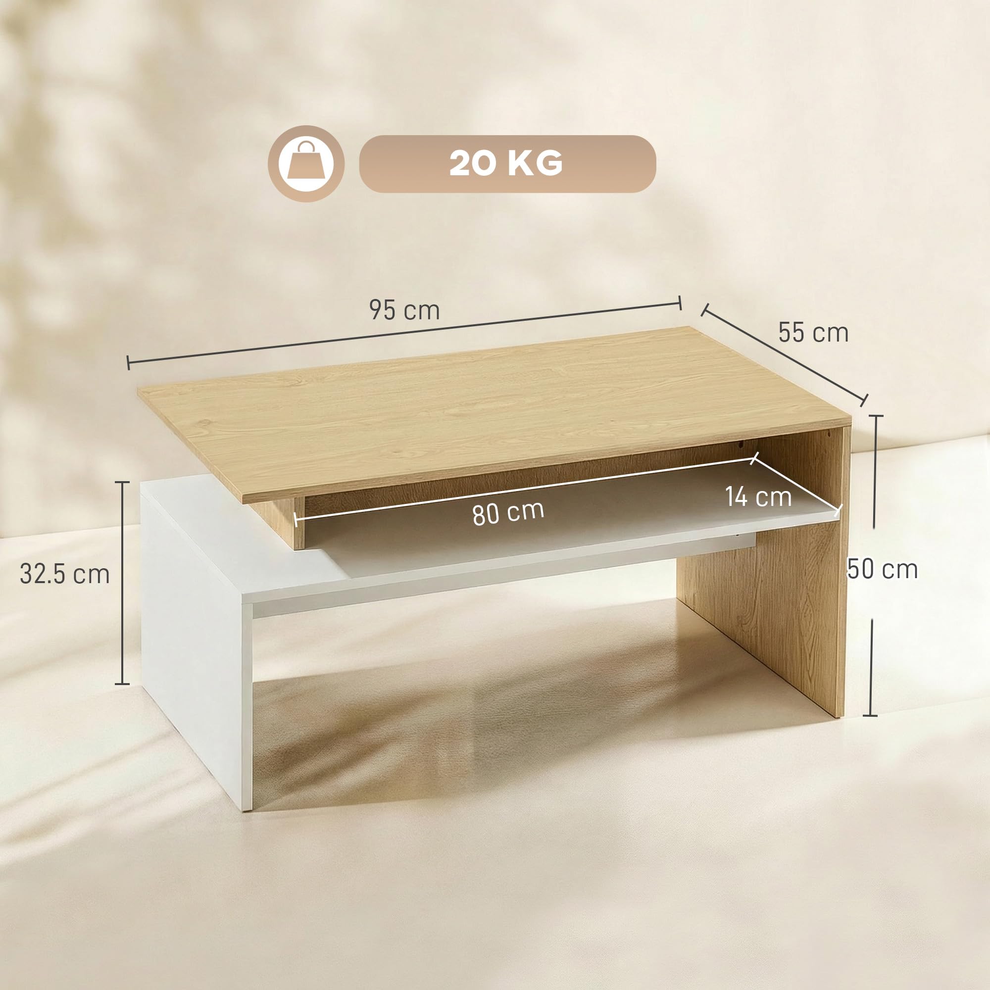 HOMCOM Tavolino da Caffè, Tavolino Salotto Moderno Bicolore con Mensola Sfalsata, Tavolo Soggiorno per Casa Ufficio, 95 x 55 cm, Legno Naturale e Bianco