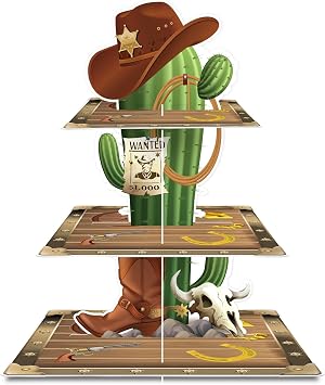 KALEFO 3 Tier Western Cowboy Cupcake Stand Rodeo Theme Party Supplies Cowboy Character Dessert Tower for Rustic Birthday Mexican Cactus Boots Adventure Treat Stand Wild West Table Decoration