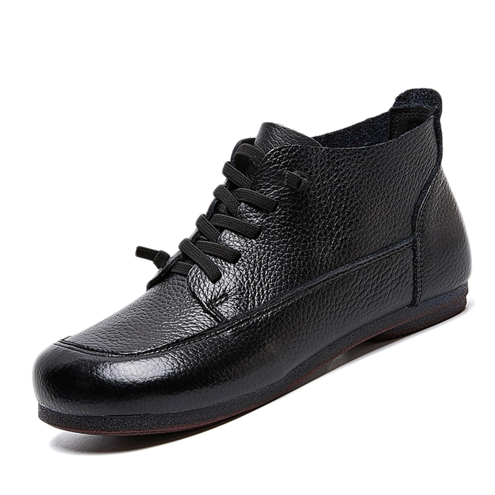 Womens Leather Flat Ankle Boots Retro Lace-up Pull on Comfortable Anti-slip Soft Bottom Low Heel Dress Short Booties