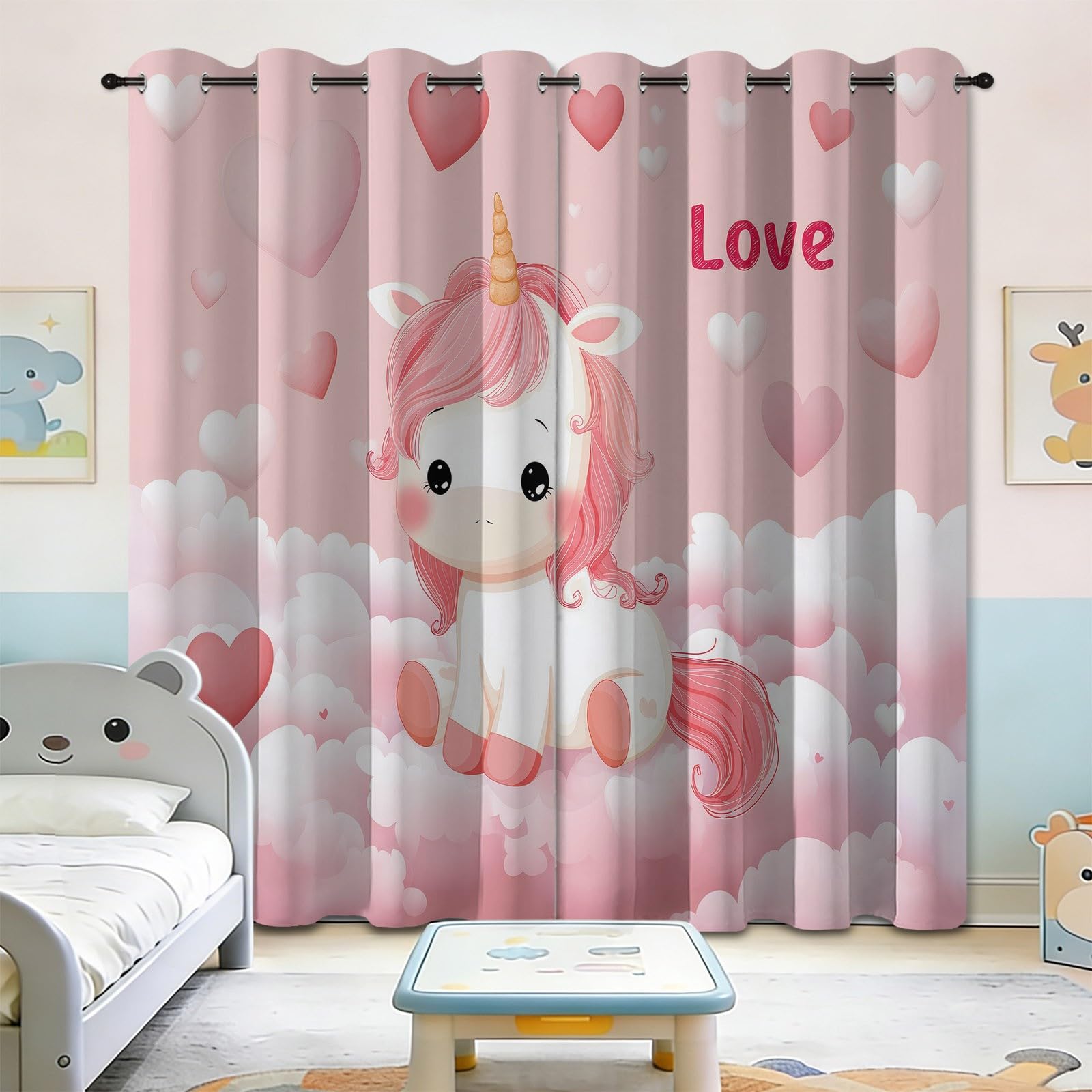 Rideau Occultant Thermiques Anti Froid Licorne Dessin Animé Nuages Cœur, 117 x 229 cm(LxH), Rideau Isolant Anti-Bruit, Économie d'Énergie, Idéal pour Chambre d'Enfant Jardin d'Enfants, Rose, 2 Pièces