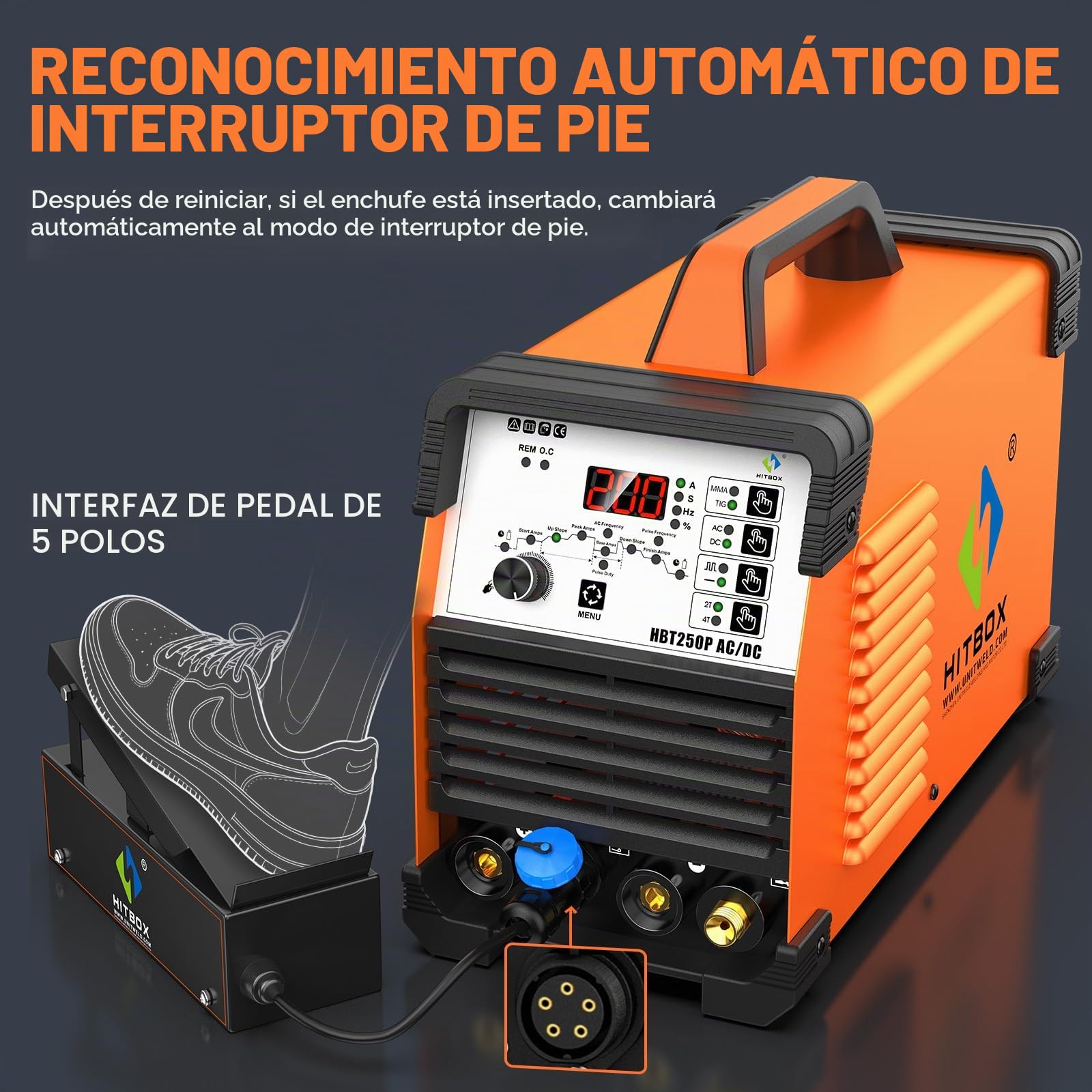 HITBOX Soldadora TIG 6 en 1 AC/DC, 200 A, Función Pulsada, Tecnología Inversor IGBT, Control Digital 2T/4T, Nueva Versión para Aluminio, Acero Inoxidable y Acero (HBT250P AC/DC)