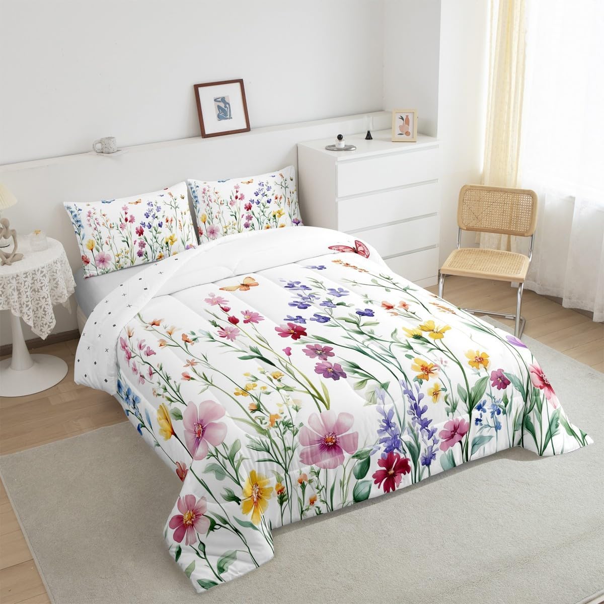 jejeloiu Butterfly Kids Comforter Set Queen Size Cute Floral Bedding Set Wildflower Flower Floral Duvet Quilt for Kids Boys Girls Bedroom Butterflies Print Decor Microfiber Ultra Soft Breathable