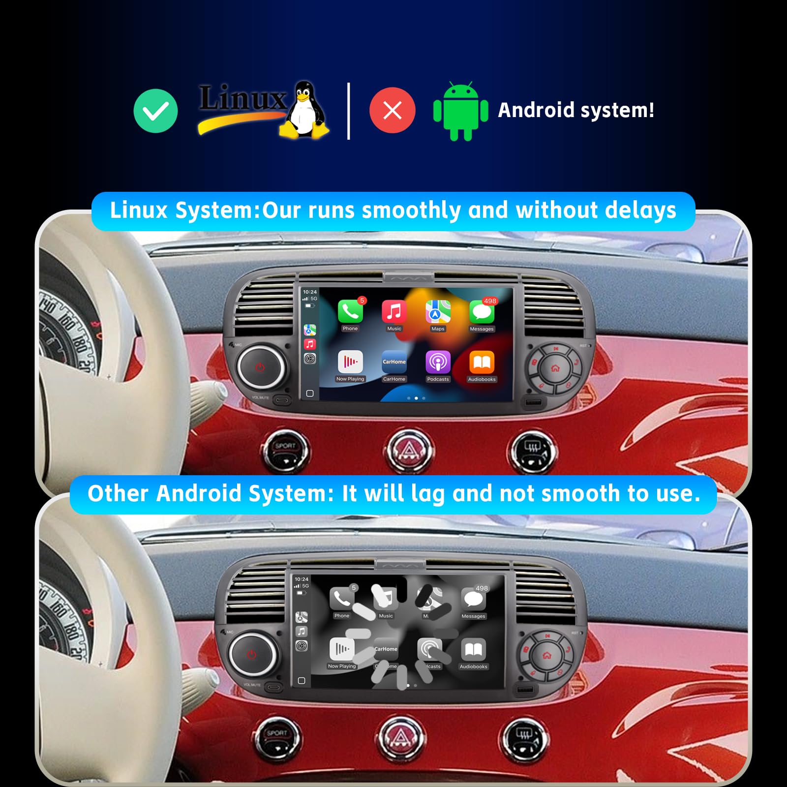 Autoradio per FIAT 500 radio con schermo touchscreen USB Bluetooth FM/AM Linux Sistema doppio din stereo auto con Carplay wireless/Android Auto (Black)