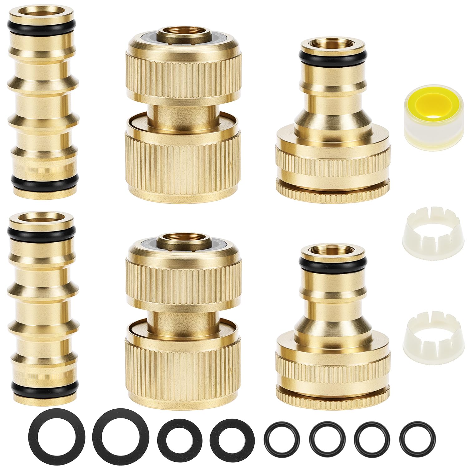 QWORK® Confezione da 6 connettori in ottone per tubo da giardino 1/2 pollice - 2 connettori maschio doppi, 2 estremità del tubo, 2 attacchi per rubinetto (2-in-1 1/2 pollice e 3/4 pollice