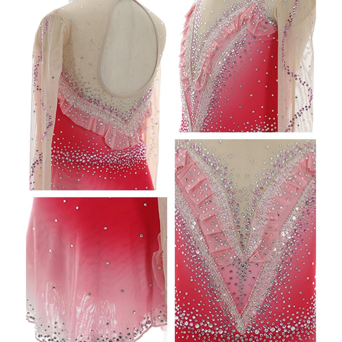 purpleq Glitzer Eiskunstlauf Kleid Damen Rosa Farbverlauf Langarm Kürkleid Strasssteine Ballerina Kleid Latein Tanzkleid Wettbewerb Tanzkostüm Wettbewerb Tanzkostüm