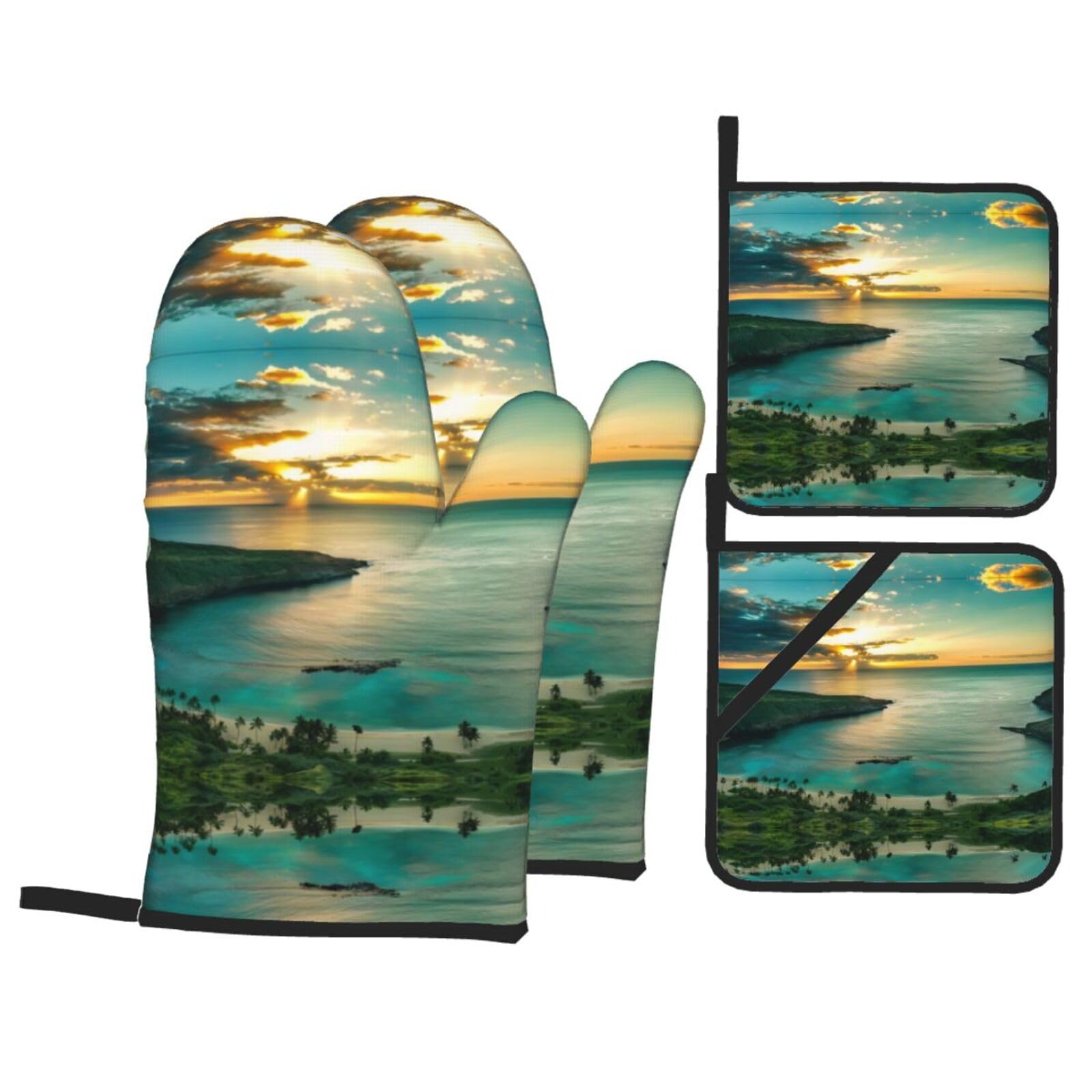 Sunrise Over Hawaii Printed Baking 4-Piece Set, includes oven mitts and a heat-resistant mat, suitable for oven and BBQ use