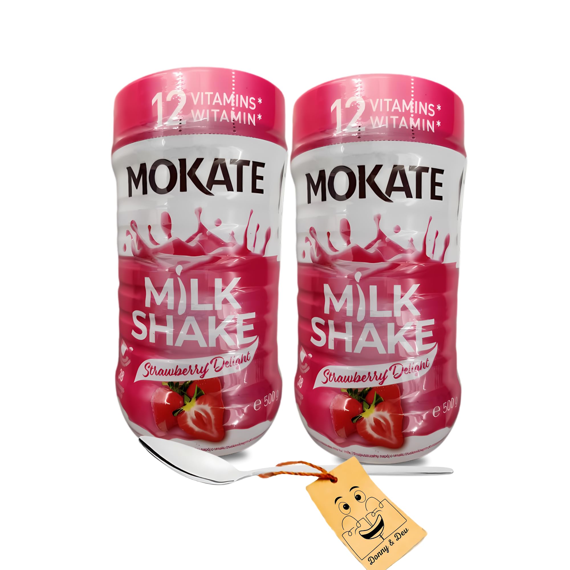 Milkshake Bundle Which Includes: 2x Mokate Strawberry Milkshake Powder Mix (500g of each) Instant Milkshakes with Added Vitamins Bundled With 1x Donny & Dev Stainless Little Spoon
