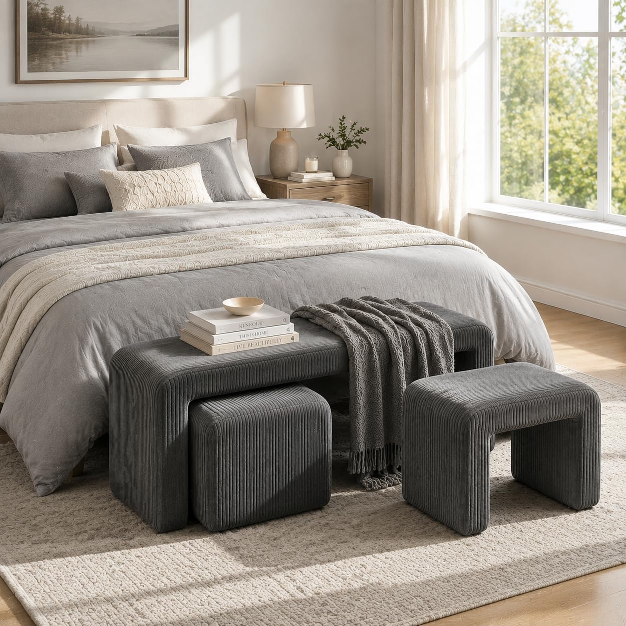 Clevich Juego de 3 Bancos tapizados, Banco al pie de la Cama, con 2 taburetes pequeños, cómodo Banco de Entrada/tocador, Moderno Banco Curvo, para Sala de Estar/Dormitorio/Entrada, Gris