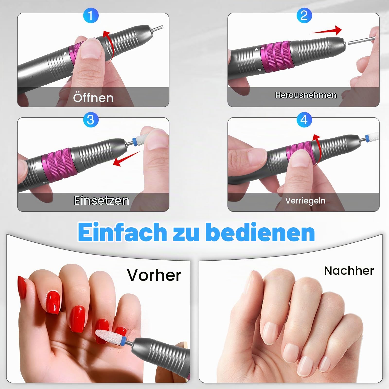 Nagelfräser, Upgraded Profi Nagelfräser 35000 u/min für Gelnägel Acrylnägel, Maniküre Pediküre Set Elektrisch, Elektrische Nagelfeile Set mit Keramik Fräser Bit und 5 Aufsätze, Sicher für Anfänger