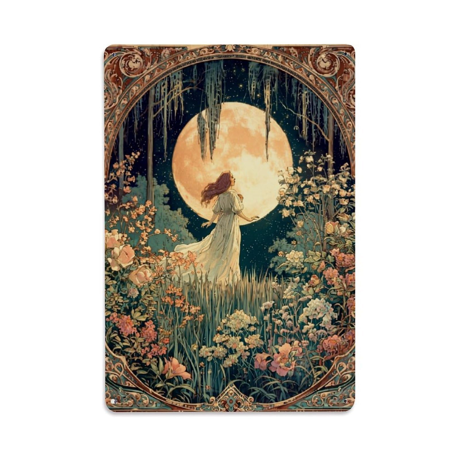 Jdfenggu Vintage Moonlit Garden Fantasy Woman Floral Retro Metal Tin Sign, Decor Art Poster For Bar, Home, Man Cave, Kitchen, Laundry Room Gift 8X12inch