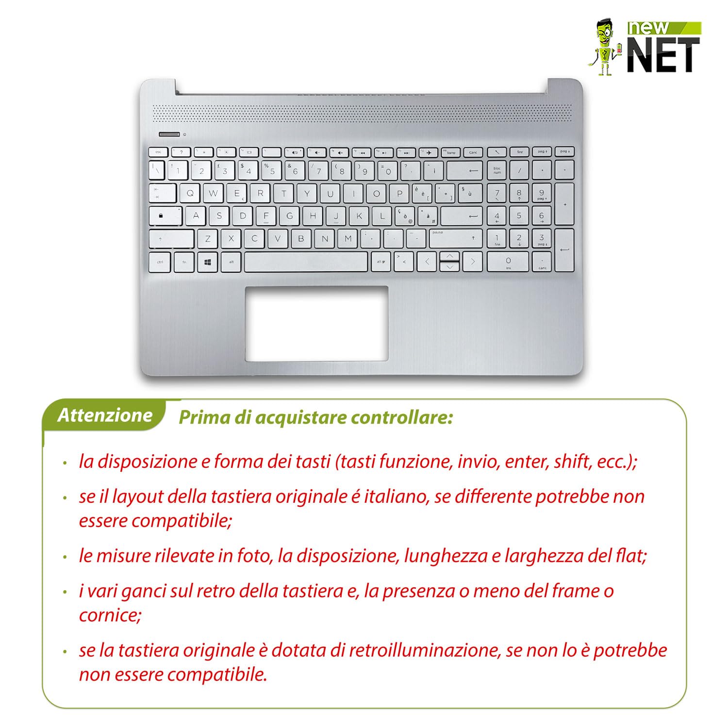 new net - Top case Palmrest con tastiera compatibile con HP 15-dy, 15-ef, 15s-eq, 15s-er, 15s-fq, 15s-fr, 15t-dy, 15z-ef [Frame Silver - senza touchpad - Layout ITA]
