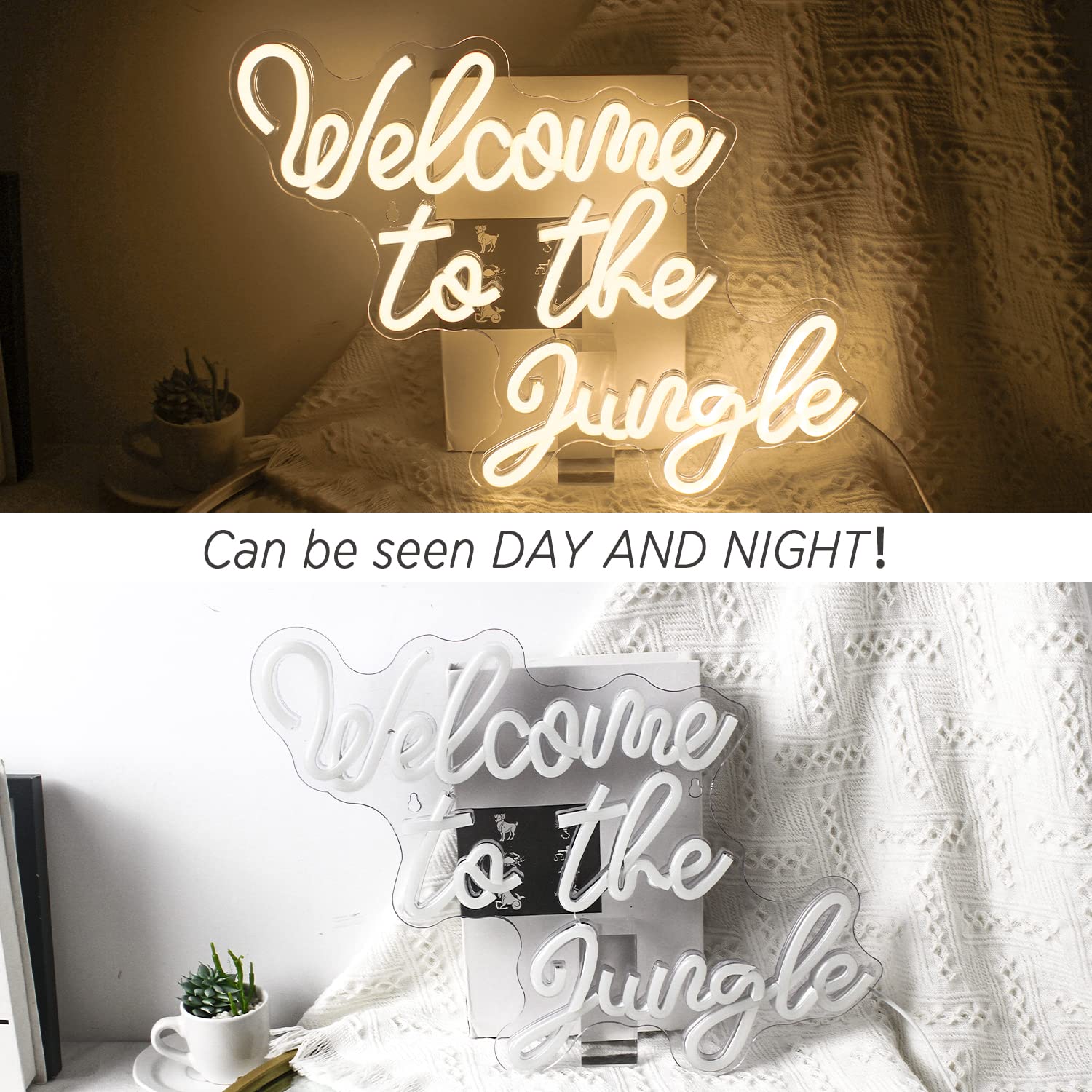 Welcome to the Jungle szyld reklamowy, biały, neonowy znak LED, słowo, neonowe światło, dekoracja ścienna, litera USB, świecąca tabliczka do ogrodu, wejścia do domu, na werandę, na imprezę, prezent