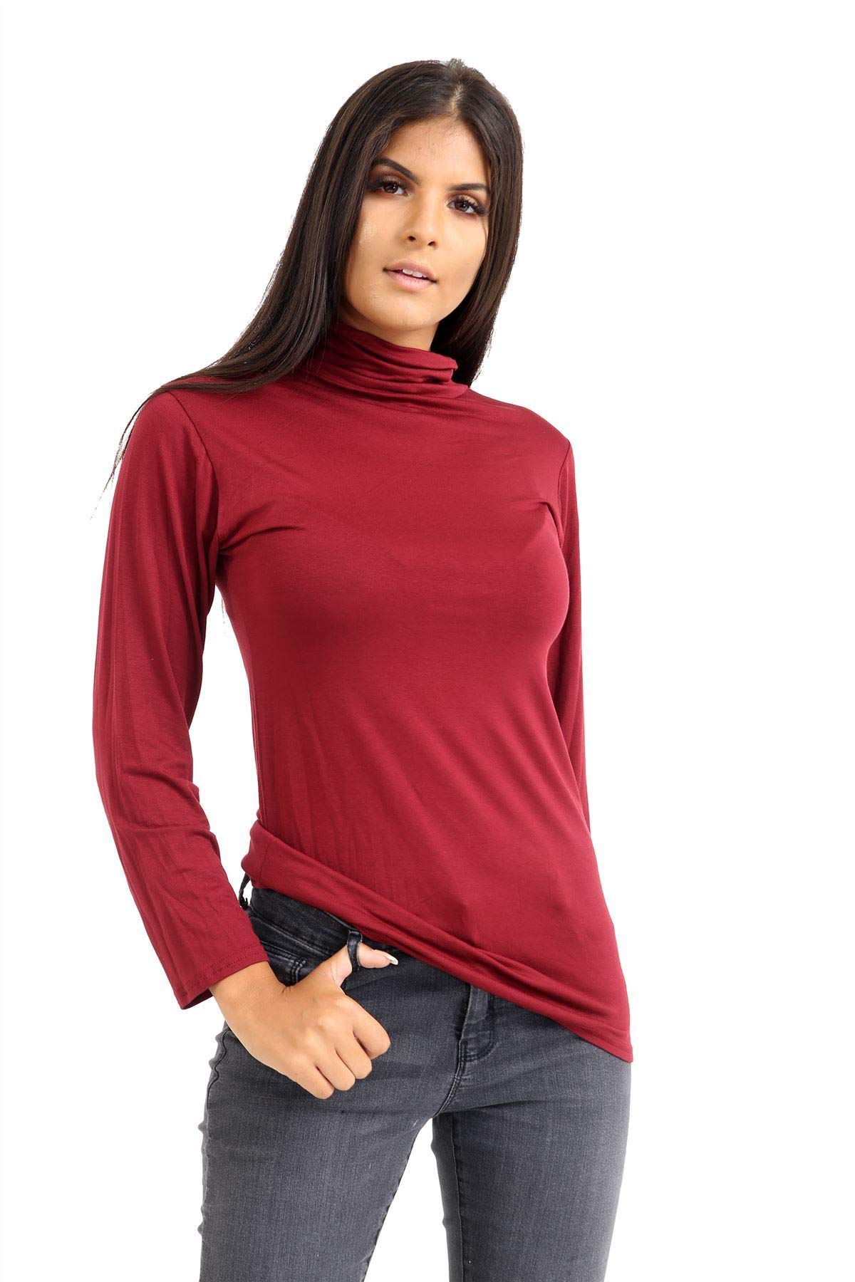 Janisramone Women's Wine Long Sleeve Turtle Polo Neck T-Shirt Slim Fit Jersey Casual Basic Plain Tee Vest Top