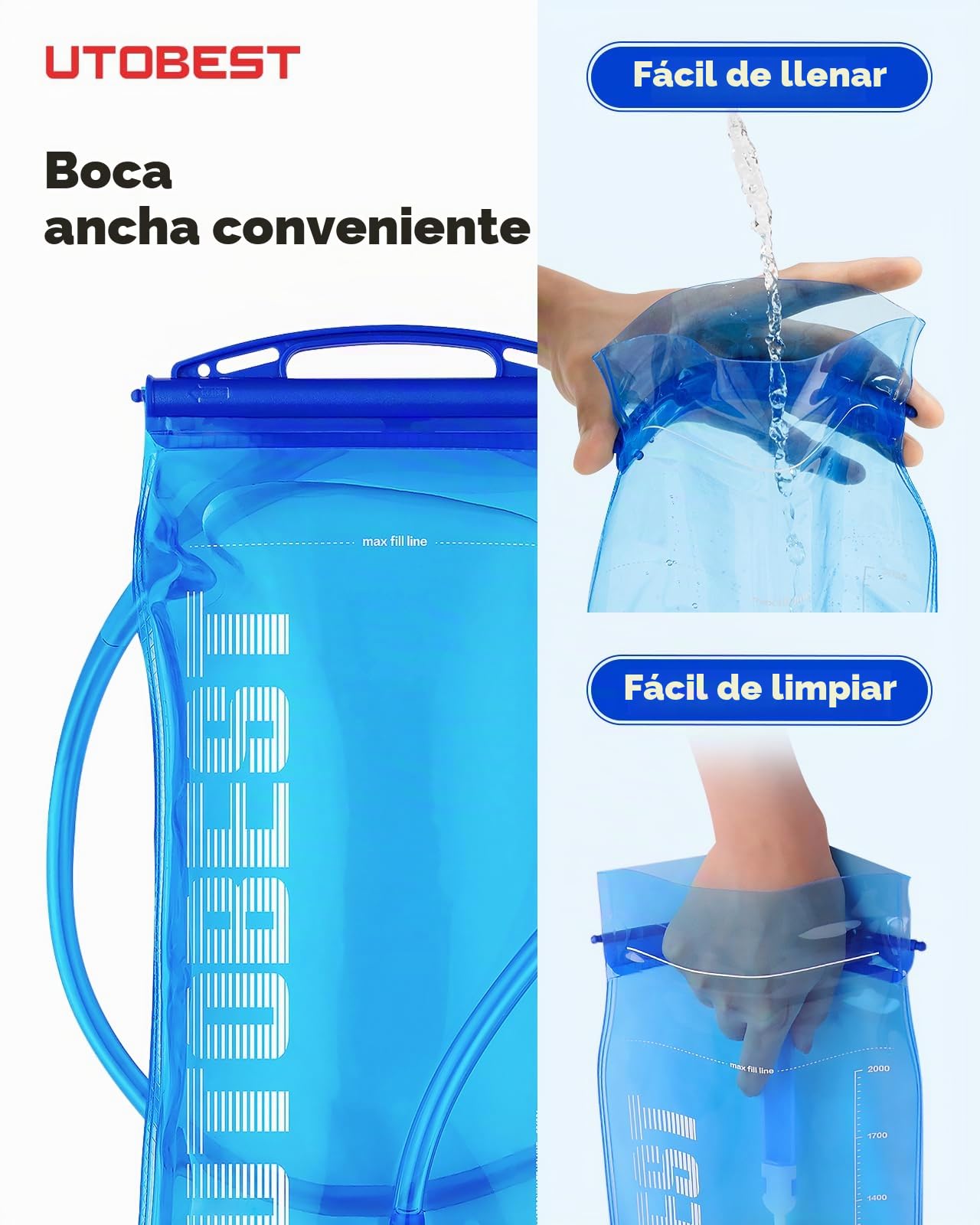 UTOBEST Vejiga de hidratación, Bolsa de Agua de 1 l, 1,5 l, 2 l, 3 l, Bolsa de Agua sin BPA, depósito de Agua a Prueba de Fugas para Correr, Ciclismo, Senderismo, Camping