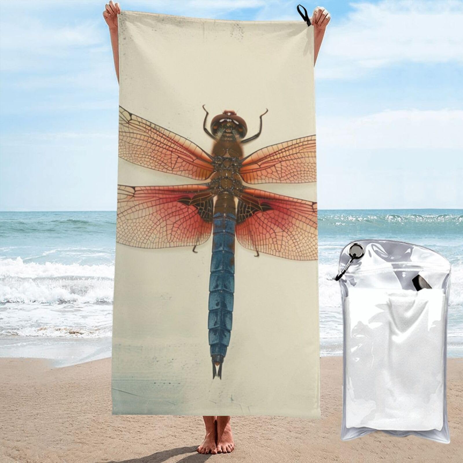 BWWHCCTI Dragonfly Print Printed Microfiber Quick Dry Beach Towel 80x160 CM, Fast Drying Bath Towels with Bags for Travel,Camping,Gym,Beach,Swimming,Yoga