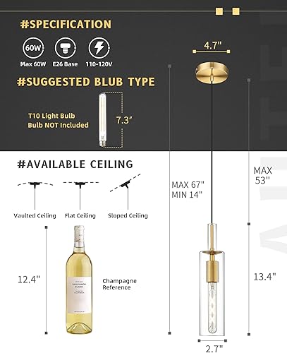 Miniatura 4 de AUTELO Paquete de 2 lámparas colgantes, luces colgantes de oro cepillado, isla de cocina, luces colgantes de vidrio cilíndrico vintage, luz colgante