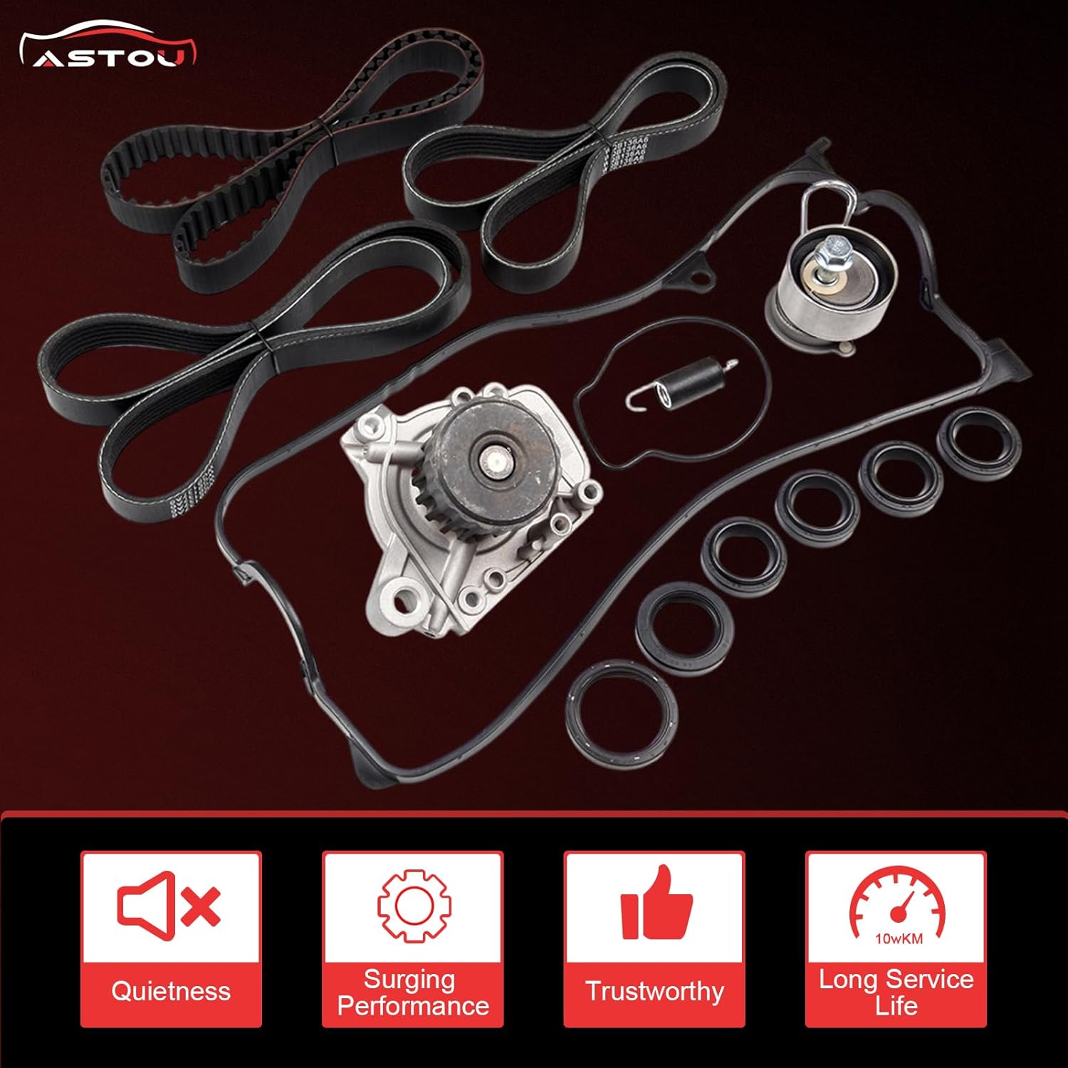 14400-PMM-A02 ASTOU L4 SOCH Timing Belt Kit w/Water Pump Compatible with 2001 2002 2003 2004 2005 for Honda for Civic 1.7L Replace 14520-PLC-335 Replacement Extended Pulley Bolt