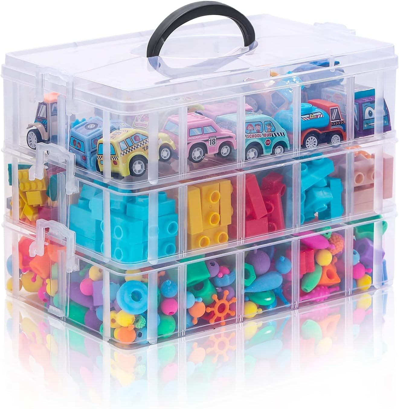 Plastic Storage Box 3-Tier Stackable Storage Containers with lids -30 Adjustable Compartments for Craft Organizers and Storage for Jewelry, beads,beauty,makeup and sewing supplies (CLEAR)