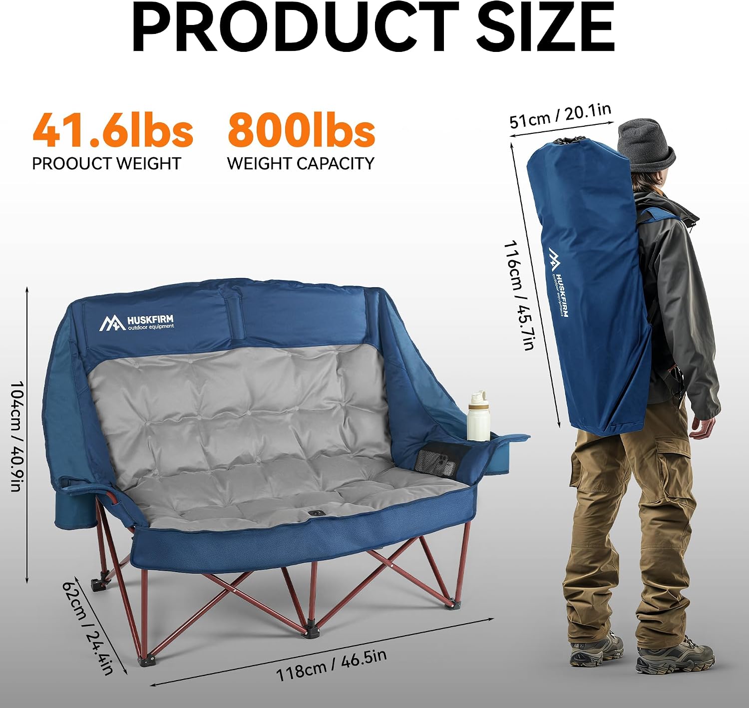 Huskfirm High Back Double Camping Chair 2 Person Camping Chair Low Seat Loveseat Camping Chair Fully Padded Oversized Camping Couch for Adults - Supports 650 LBS with Cup Holders Carry Bag - Blue