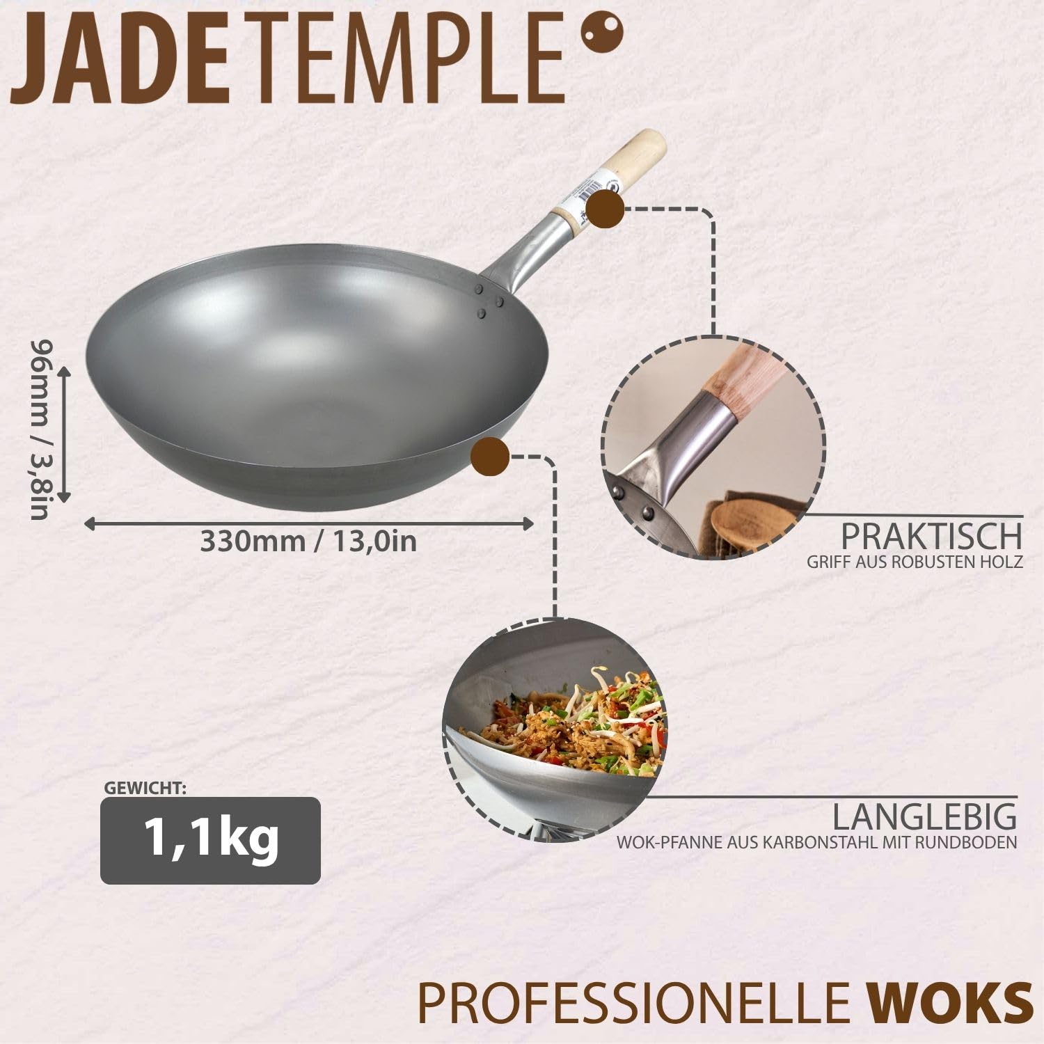 JADE TEMPLE Wok aus Carbonstahl, mit rundem Boden und 33 cm Durchmesser, mit rundem Holzgriff, 56 x 35 x 25.5 cm, Grau – Ansicht 4