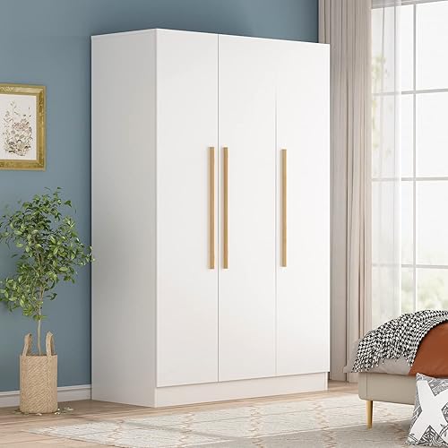 ECACAD Wardrobe Armoire with 4-Tier Shelves, Hanging Rod and 3 Doors, Wooden Closet Storage Cabinet for Bedroom, White (47.2”W x 18.9”D x 70.8”H)