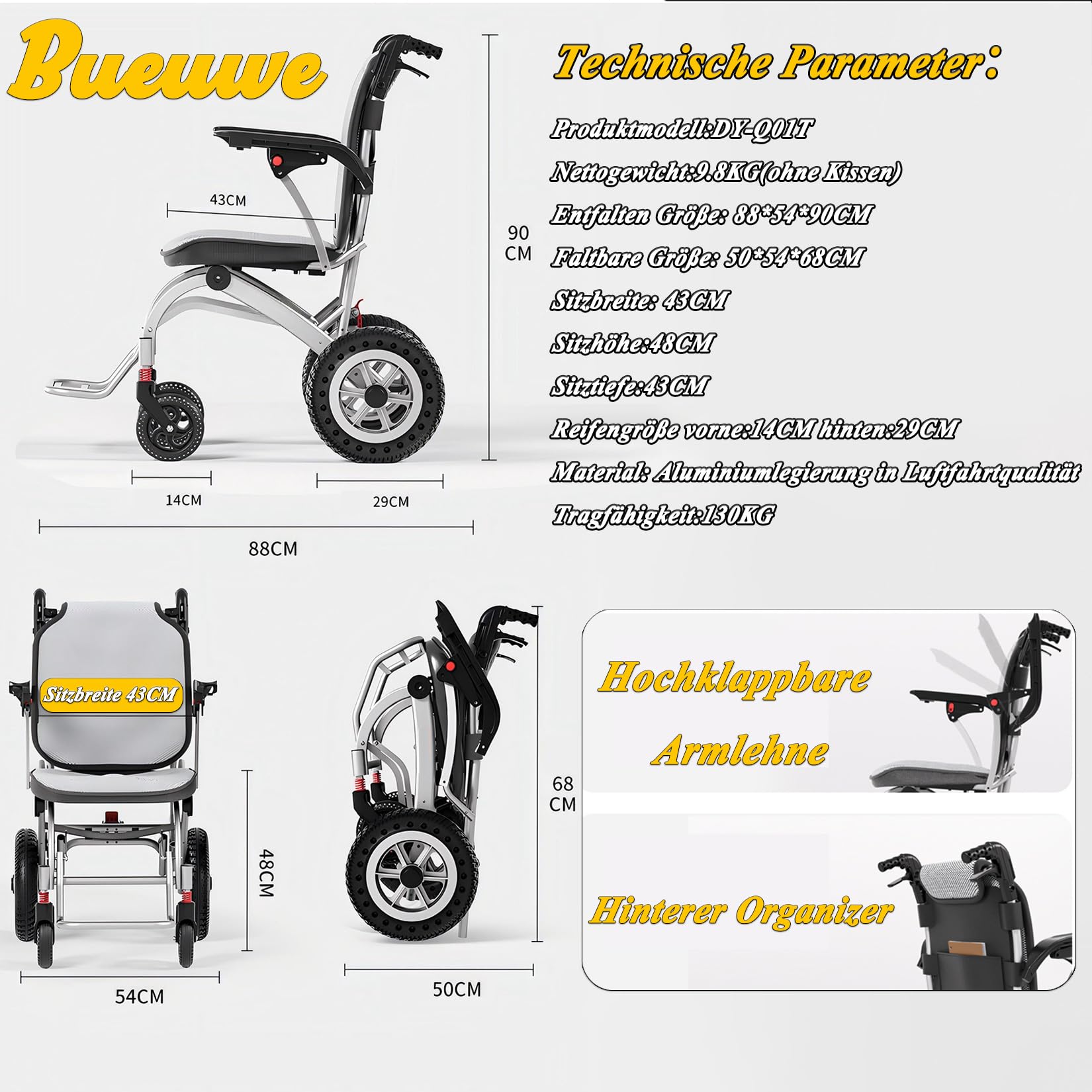 Klappbarer Transportstuhl leicht 9,8 KG - Tragbarer Rollstuhl für Reisen und Pflege mit ergonomischem W-Sitz, Aluminium-Rahmen, 130 KG Tragkraft, Doppelstoßdämpfer und 360°-Rollen