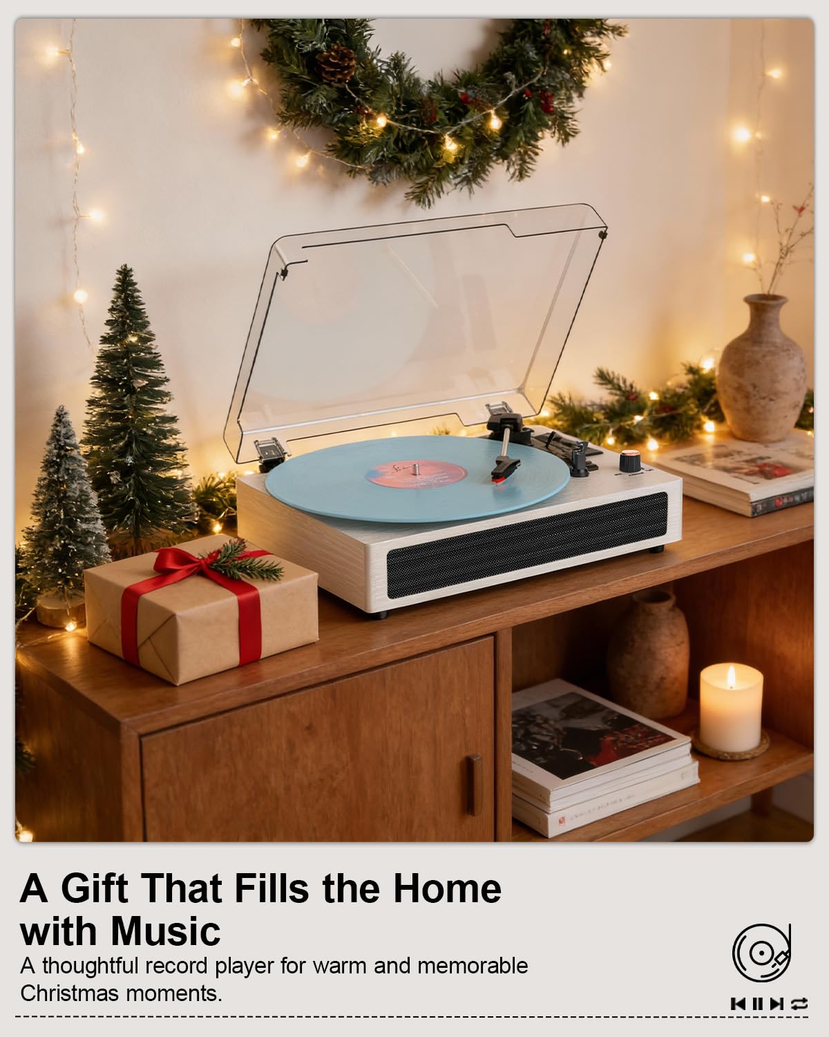 Gramofon Bluetooth, 3-biegowy, retro, winylowy, z wbudowanymi głośnikami, wejście AUX, automatyczne zatrzymanie, nagrywanie USB, napęd pasowy, biały