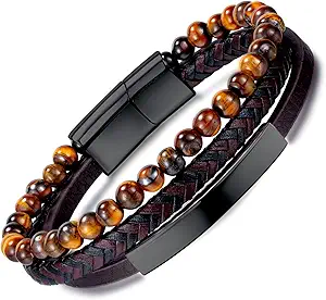 Tiger Eye Leather Bracelet Beaded Bracelet for Men Leather Bracelet - Many Layer Black Leather Bracelets Wristband with Adjustable Spiritual Jewelry, Trendy Design Gift for Men