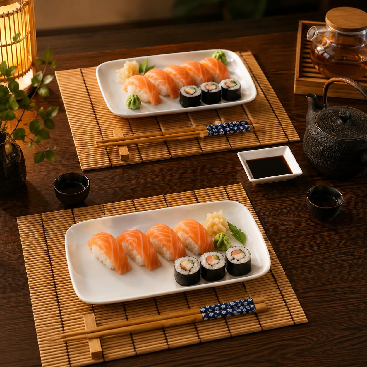 Exzact Set Sushi Stile Orientale – 10 Pezzi: 2 Piatti Sushi, 2 Vassoi per Salsa, 2 Stuoie di Bambù, 2 Coppie di Bacchette in Bambù