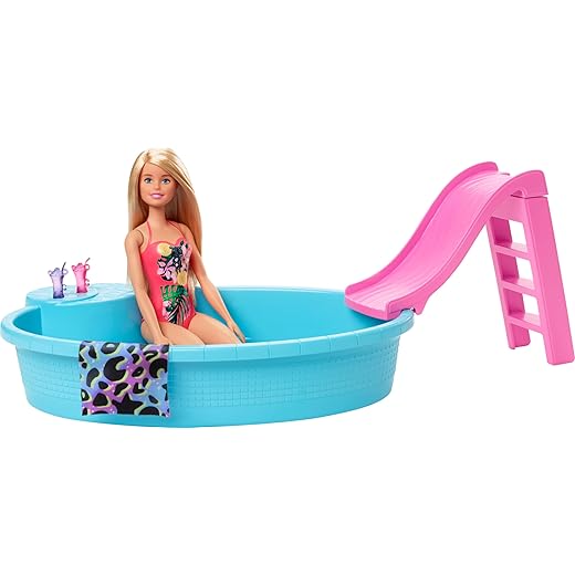 ​Barbie Doll, 11.5-Inch Blonde, and Pool Playset with Slide and Accessories, Gift for 3 to 7 Year Olds