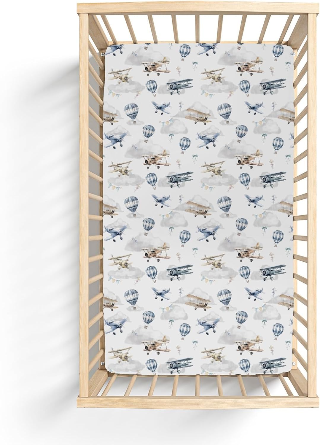 Vintage Planes Airplanes Helicopters Baby Crib Sheets Boy Girl 28"x52" Hot Air Balloon Plane Clouds Sky Soft Stretchy Fitted Crib Mattress Cover Baby Sheet for Standard Crib & Toddler Mattress Pad