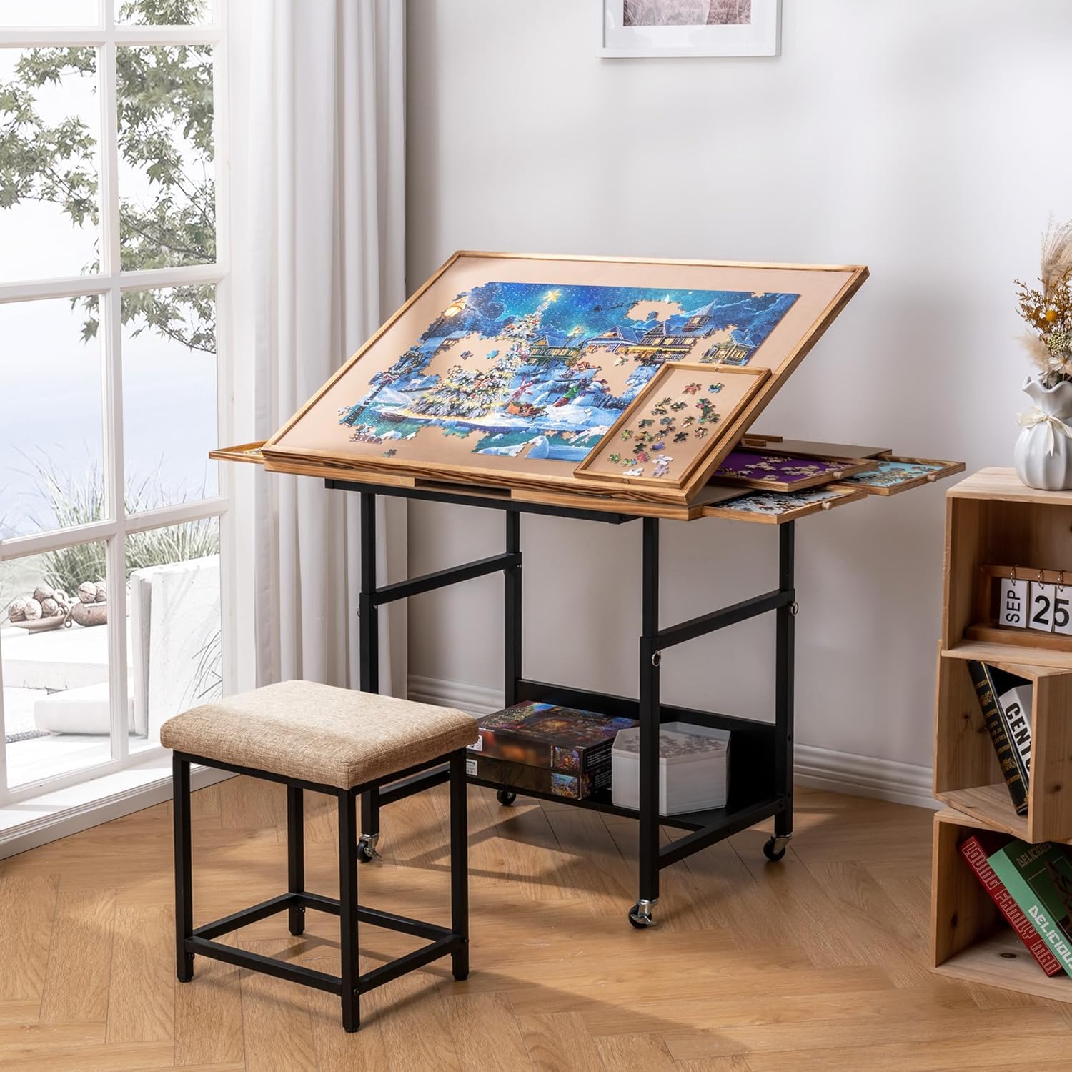 Puzzlebrett mit 4 Schubladen und PVC-Abdeckung, kippbares Puzzlebrett mit Höhenverstellung für bis zu 1500 Teile, mit 4 Rollen