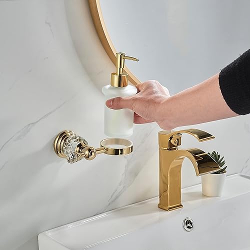 Miniatura 3 de WOLIBEER Dispensador de jabón de cristal montado en la pared, soporte de jabón líquido dorado pulido para baño, botella de vidrio de 8.5 onzas con