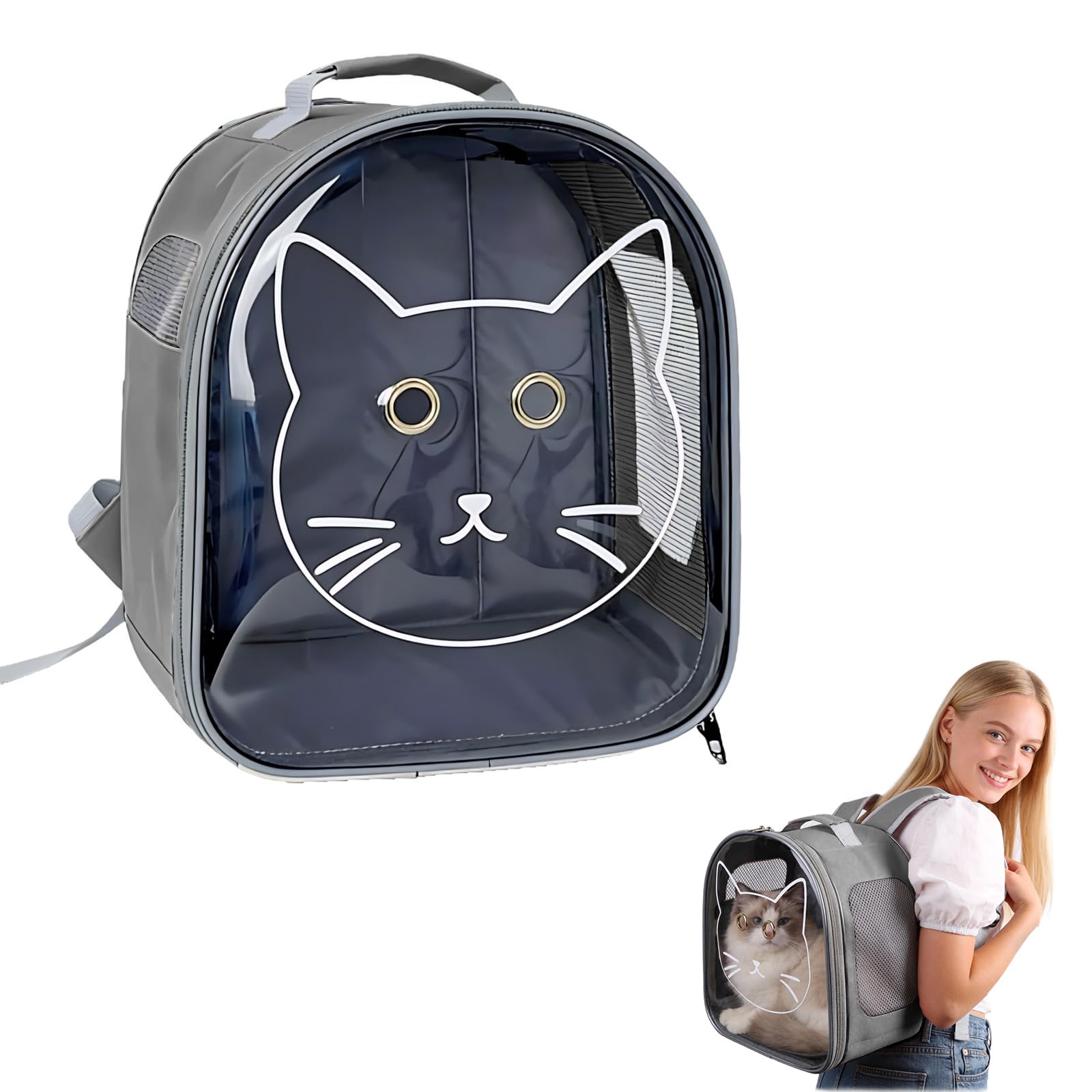 Cat Backpack Pet Carrier, Portable Transport Bag for Cats, Breathable Adjustable Cat Carrier with Safety Belt for Travel Hiking Cycling Walking Outdoor (Grey)