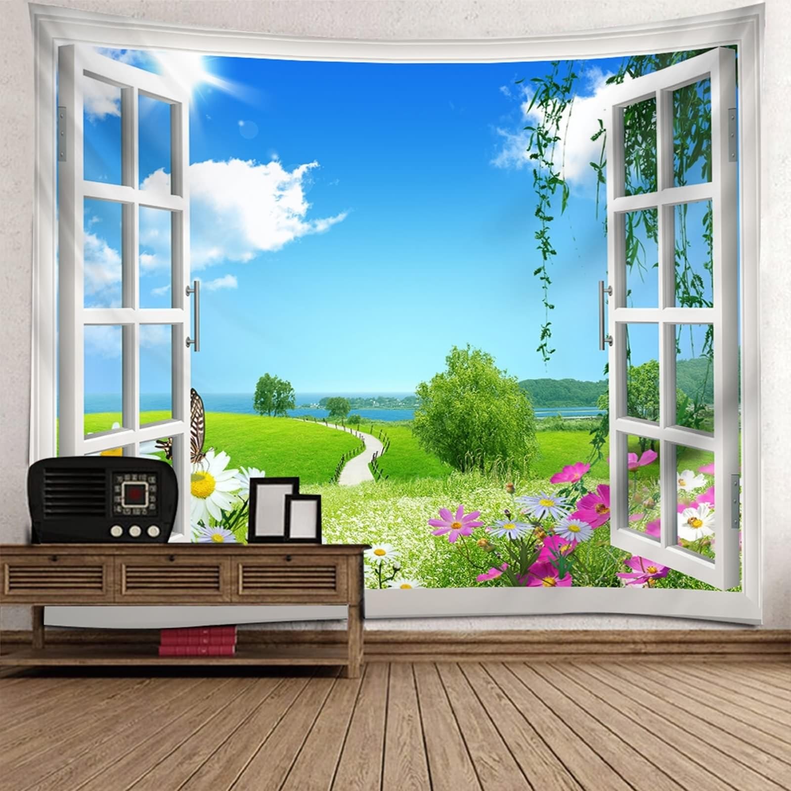 Wycian - Tapicería de pared, papel pintado, color verde liso, papel pintado, diseño panorámico, color blanco, azul, ventana, paisaje natural, 350 x 256 cm